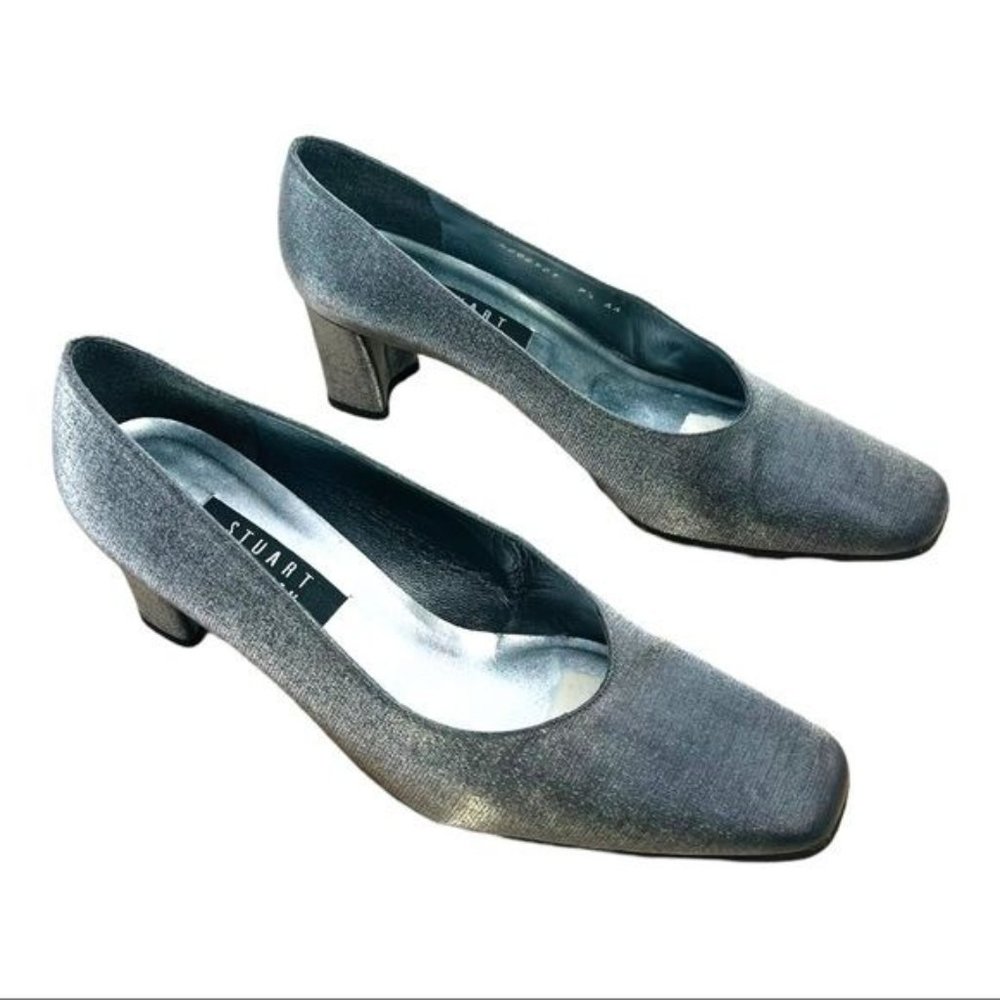 Stuart Weitzman Anna Pewter Matte Lame Pumps 2.5 Inch Block Heel Women’s Size 9